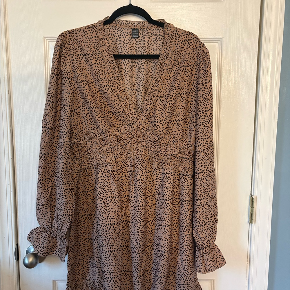 SHEIN Brown Long Sleeve Polka Dot Dress